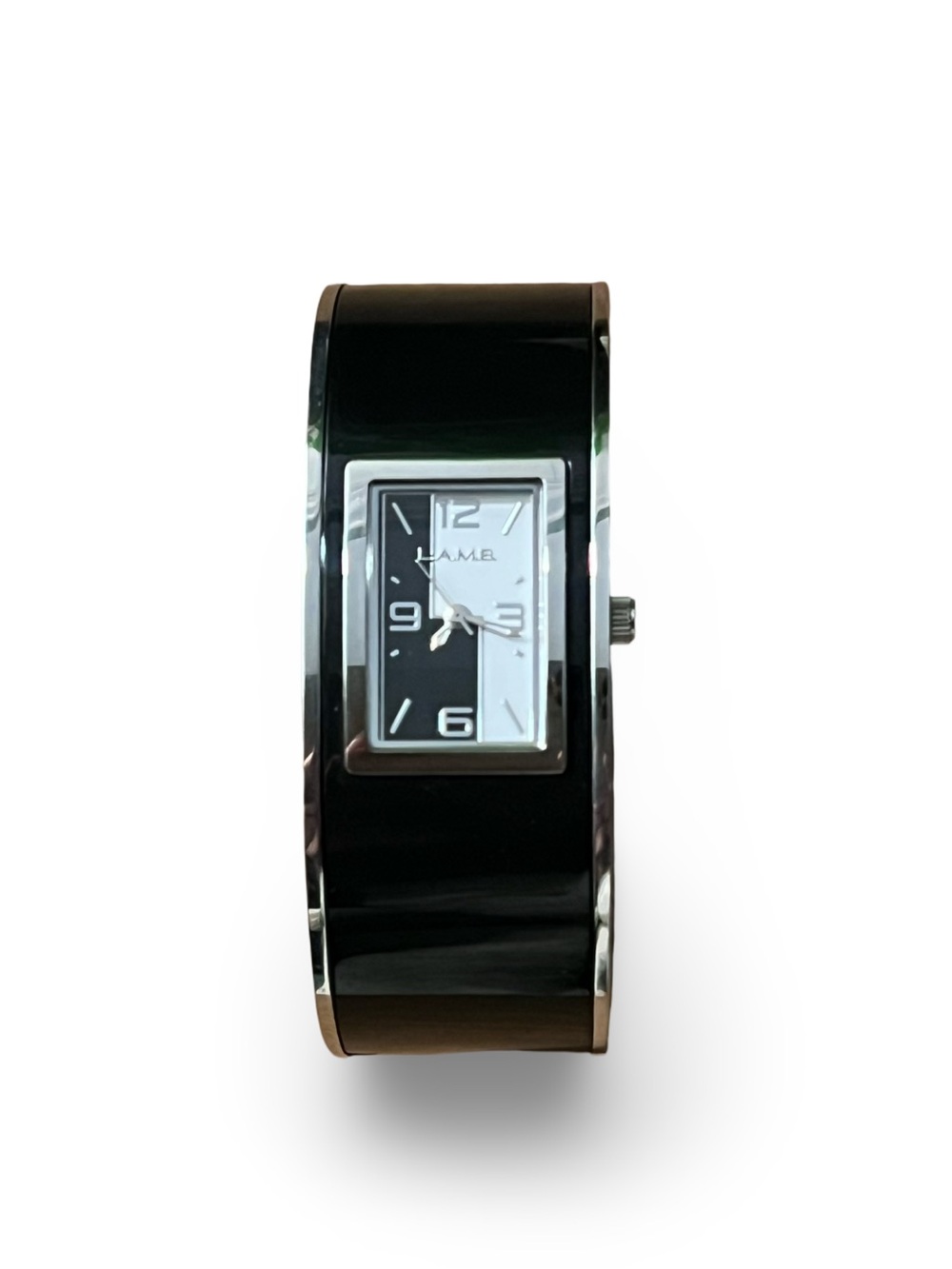 L.A.M.B. Black and Silver Bangle Watch